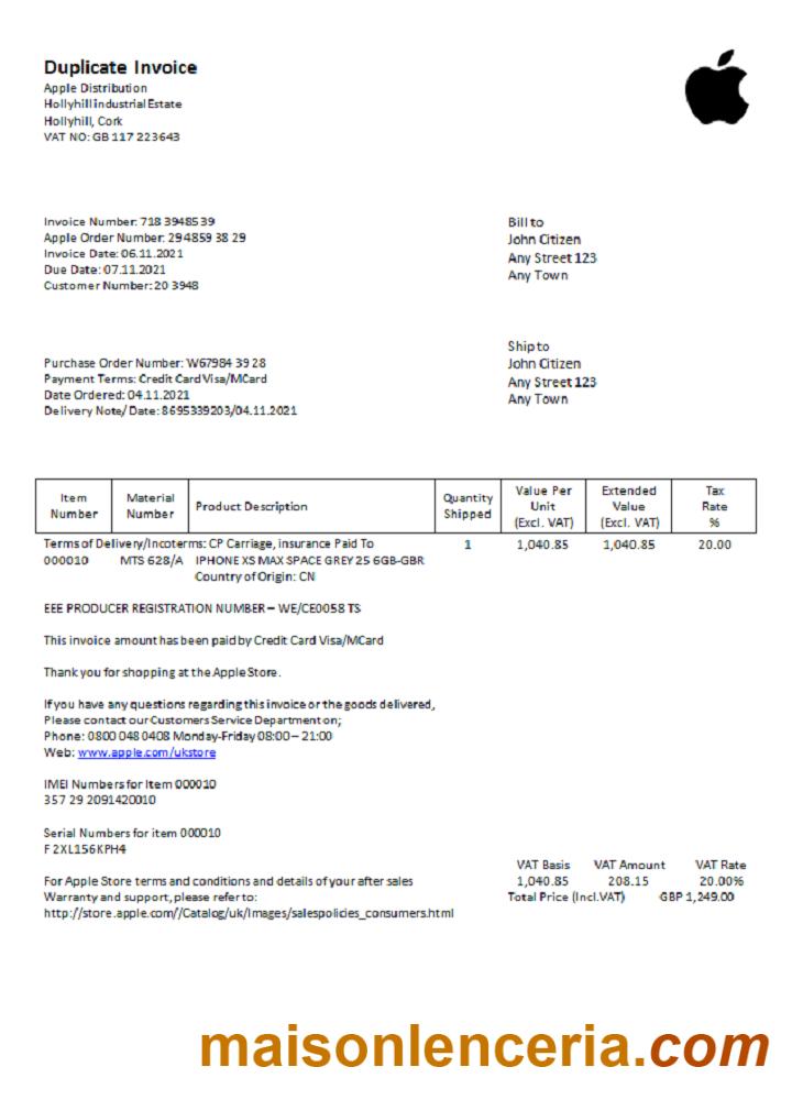 USA Apple faktura słowo i PDF szablon
